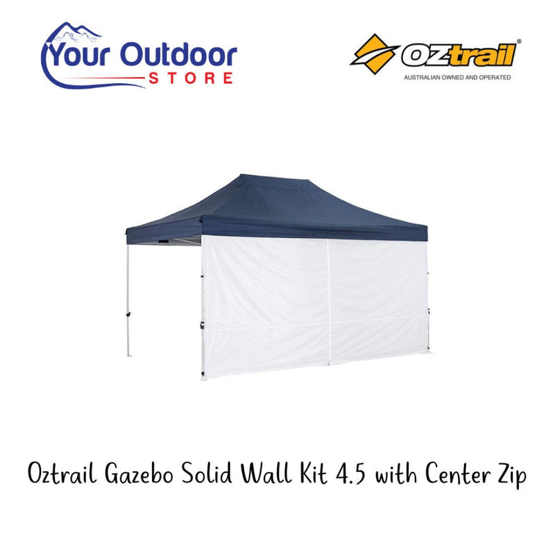 White | Oztrail Gazebo Solid Wall With Centre Zip 4.5m. Hero image with title and logos
