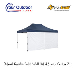 White | Oztrail Gazebo Solid Wall With Centre Zip 4.5m. Hero image with title and logos