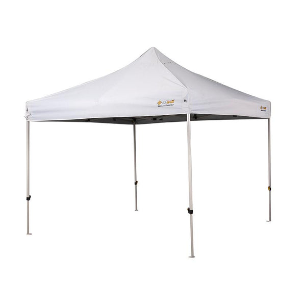 White | Oztrail Commercial Deluxe 2.4 Gazebo. Full Set Up