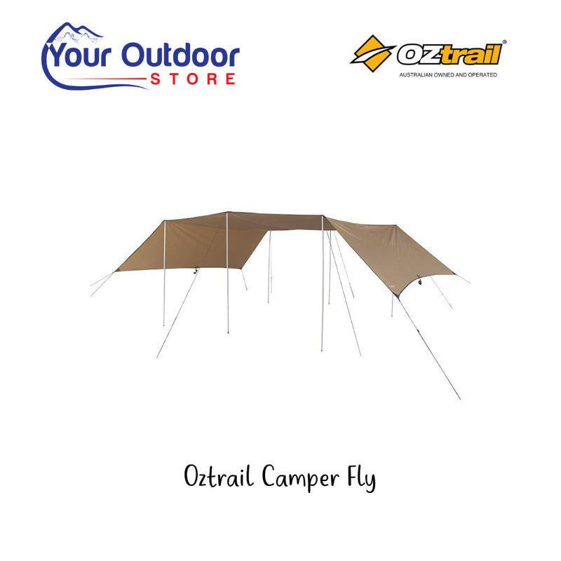 Oztrail Camper Fly. Hero image with title and logos