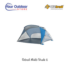 Oztrail Multi Shade 6 Person Tent. Hero image with title and logos
