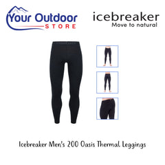 Black | Icebreaker Men's 200 Oasis Thermal Leggings. Hero Image Showing Logos and Title. 