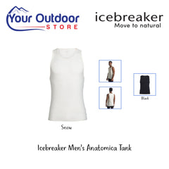 Snow | Icebreaker Mens Anatomica Tank. Hero Image Showing Logos and Title. 