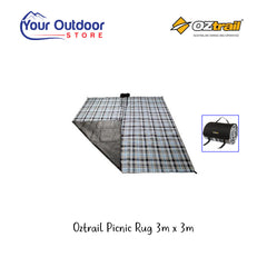 Oztrail Picnic Rug 3m x 3m. Hero image with title and logos