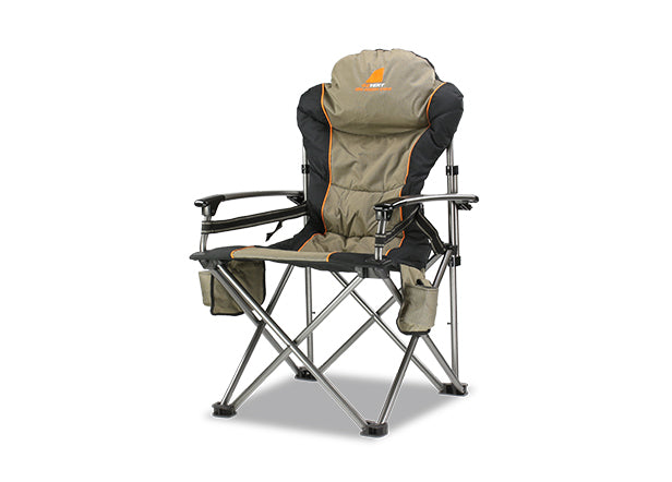 Oztent King Kokoda Camp Chair. Side view showing drink and accessory pockets.