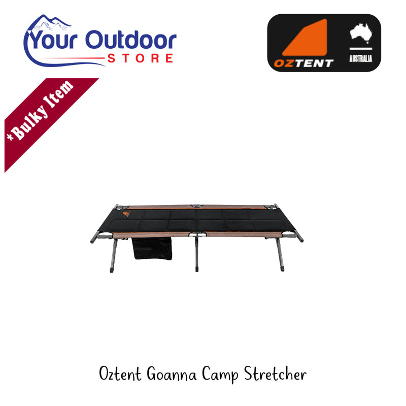 Oztent Goanna Camp Stretcher. Hero Image Showing Logos and Title. 