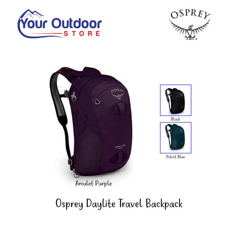 Osprey Daylite Travel Backpack. Hero image with title and logos plus variant image inserts