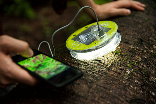 Collapsed lantern with light on and phone charging