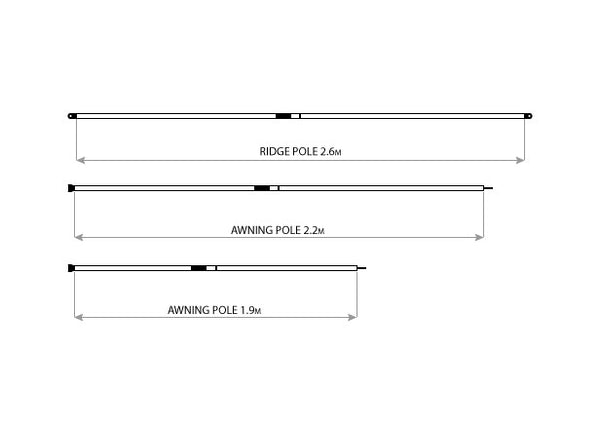 Oztent Aluminium Telescopic Spreader Poles. Diagram showing different length poles. 