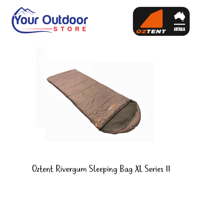 Oztent Rivergum Sleeping Bag XL Series ll. Main image showing logos and title.