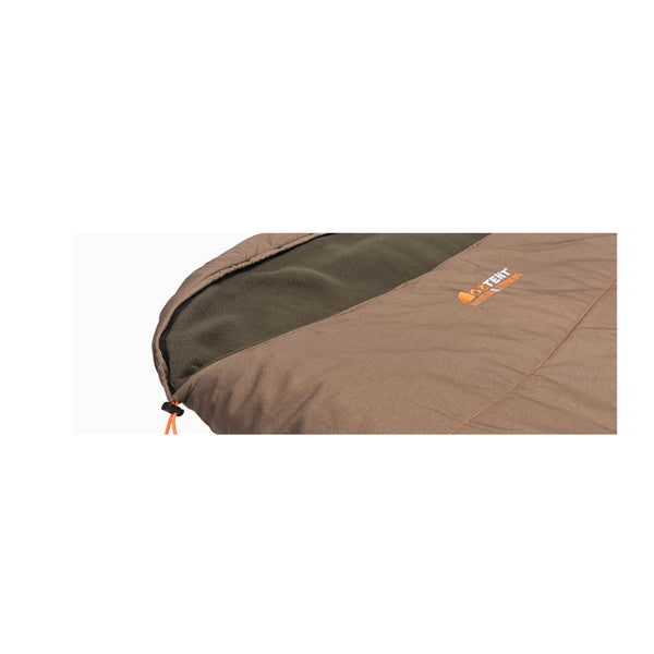 Oztent Rivergum Sleeping Bag XL Series ll. Zipped closed showing hood.