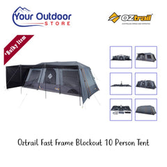 Oztrail fast frame blockout 10 person tent- Hero image with title and logos