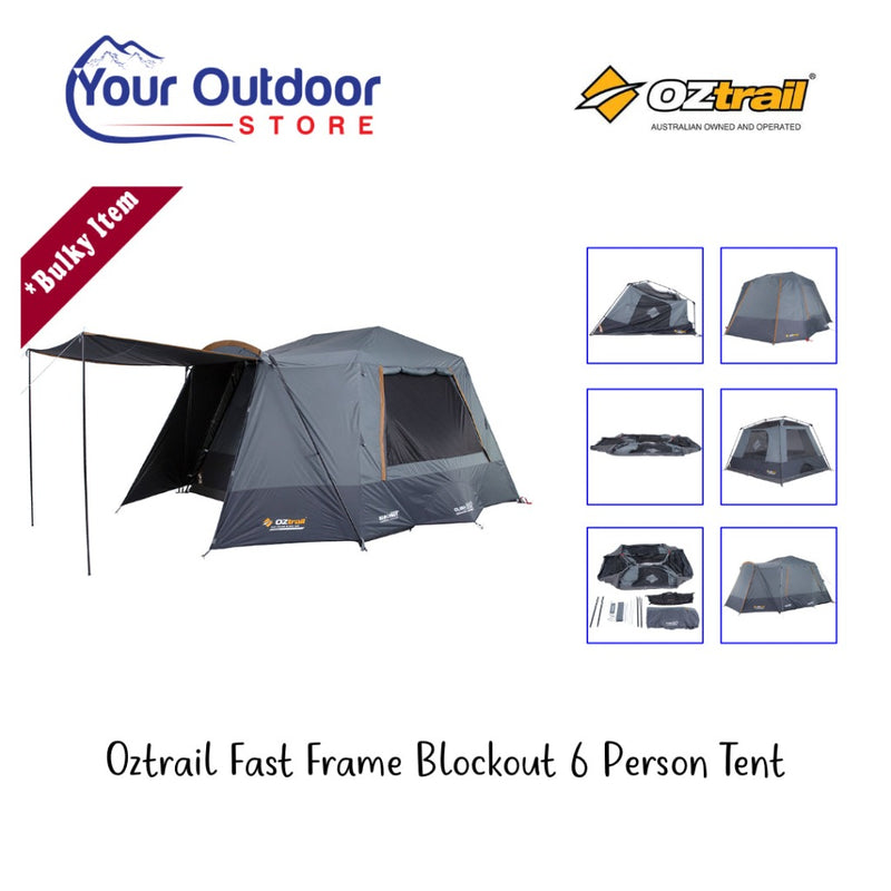 Oztrail Fast Frame Blockout 6 Person Tent. Hero image with title and logos