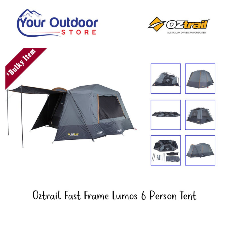 Oztrail Fast Frame Lumos 6 Person Tent. Hero image with title and logos
