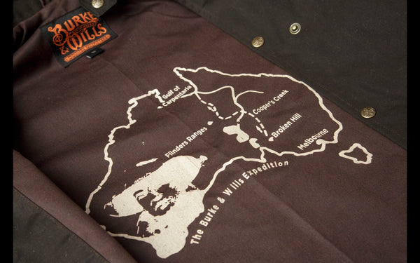 Brown | Burke & Wills Balranald 3 Quarter Length Coat. Brown. internal lining View of The Burke and Wills Expedition map. Your Outdoor Store
