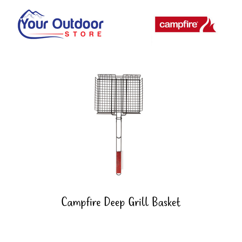 Campfire Deep Grill Basket. hero Image Showing Logos and Title. 