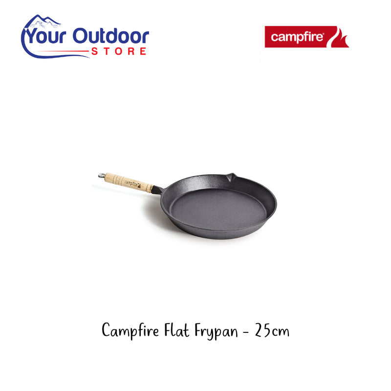 Campfire Flat Frypan - 25cm. Hero Image Showing Logos and Title.  