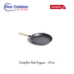 Campfire Flat Frypan - 25cm. Hero Image Showing Logos and Title.  