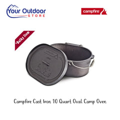 Campfire 10 Quart Oval Camp Oven. Hero image with title and logos