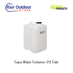 Supex Water Container 25L Cube. Hero image with title and logos