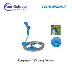 Companion 12V Camp Shower. Hero image with title and logos plus image inserts