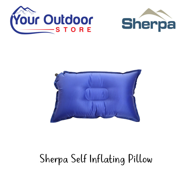 Sherpa Self Inflating Pillow. Hero Image Showing Logos and Title. 
