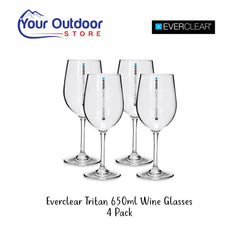 Everclear Tritan 650ml Wine Glasses.  Hero image with title and logos