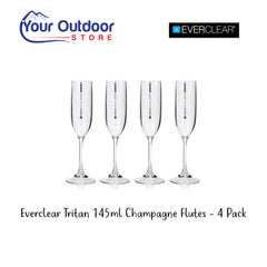 Everclear Tritan 145ml Shatterproof Champagne Flute. Hero image with title and logos