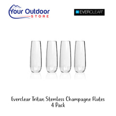 Everclear Tritan Shatterproof Stemless Champagne Glasses. Hero image with title and logos