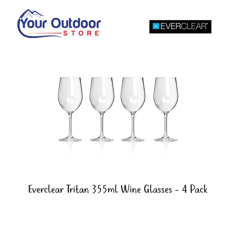 Everclear Tritan 355ml Shatterproof Wine Glasses. Hero image with title and logos