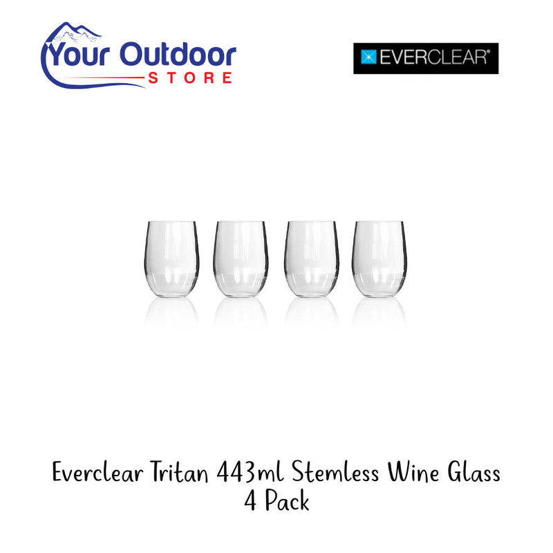Everclear Tritan 443ml Stemless Wine Glasses. Hero image with title and logos