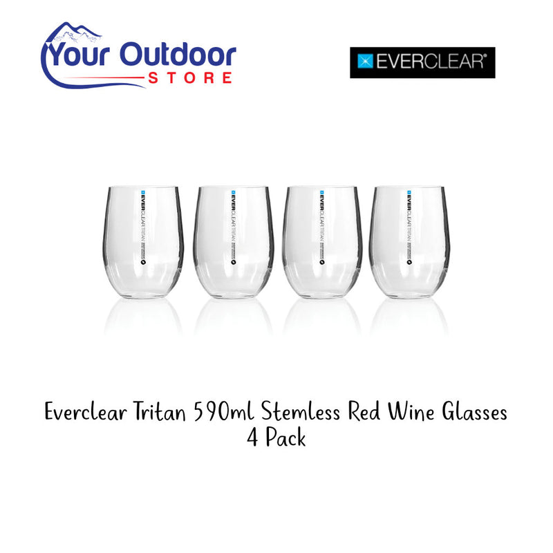 Everclear Tritan 590ml Stemless Red Wine Glasses. Hero Image with title and logos