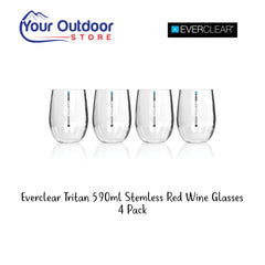 Everclear Tritan 590ml Stemless Red Wine Glasses. Hero Image with title and logos