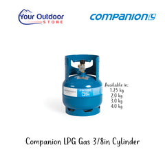 Companion LPG Gas 3/8in Cylinder. Hero image with title and logos plus available sizes.