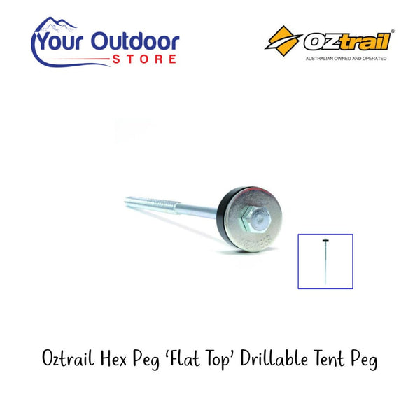 Oztrail Hex Peg ‘Flat Top’ Drillable Tent Peg. Hero image with title and logos