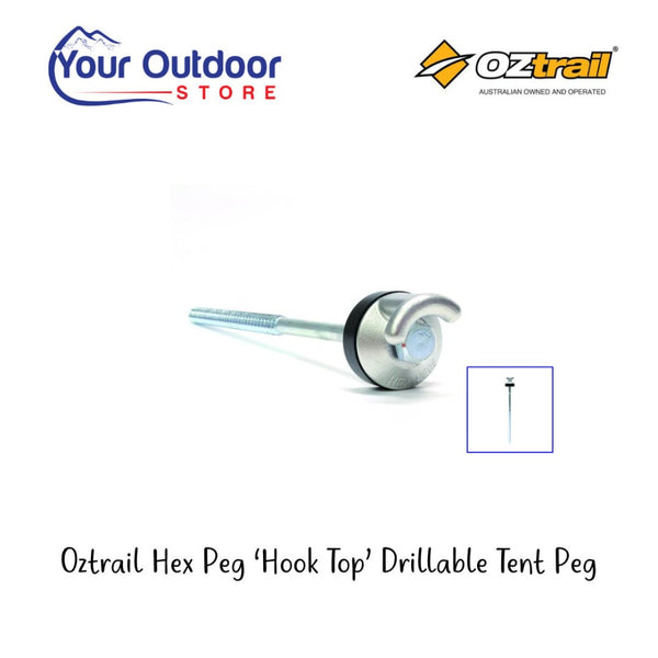 HEX PEG 'HOOK TOP' DRILLABLE TENT PEG. Hero image with title and logos