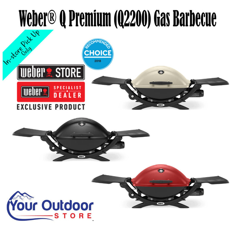 Weber Q Premium (Q2200) Gas Barbecue. Hero image with title and logos.