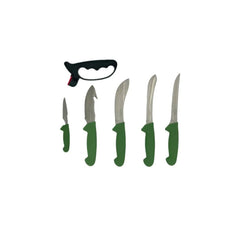 Ridgeland 5 Piece Knife Set Showing 5 Knives and Sharpener. 
