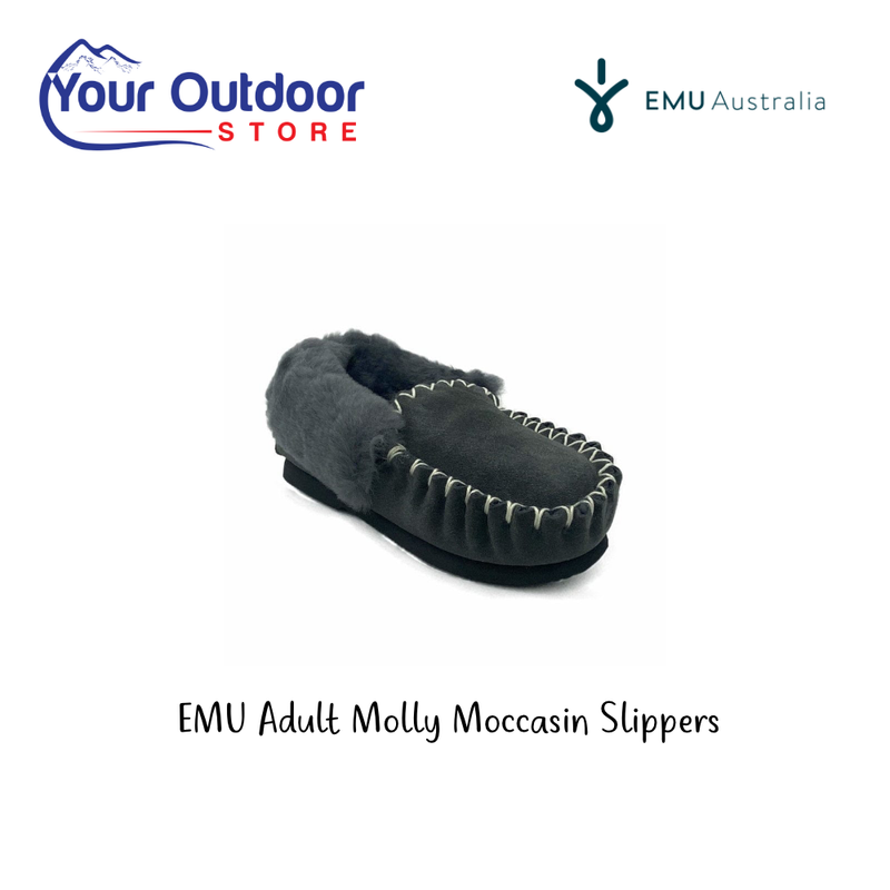Emu Adult Molly Moccasin Slippers. Hero image with title and logos