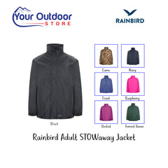 Rainbird Stowaway Adults Jacket. Hero image with title and logos plus colour insert