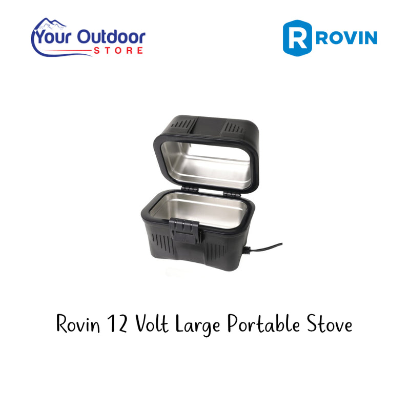Rovin 12 Volt Portable Stove. Hero image with title and logos