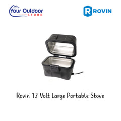 Rovin 12 Volt Portable Stove. Hero image with title and logos
