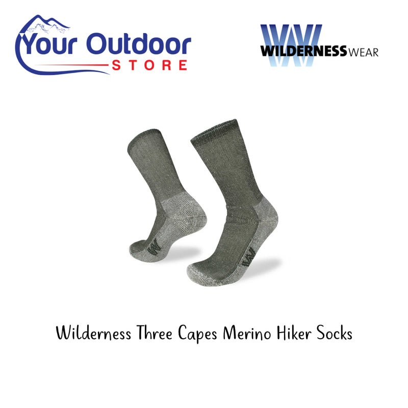Wilderness Three Capes Merino Hiker Socks. Hero Image Showing Logos and Title. 