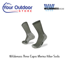 Wilderness Three Capes Merino Hiker Socks. Hero Image Showing Logos and Title. 