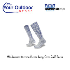 Wilderness Merino Fleece Long Over Calf Socks. Hero Image Showing Logos and Title.