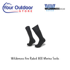 Wilderness Wear Fire Rated 800 Merino Socks. Hero Image Showing Logos and Title. 