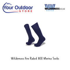 Wilderness Wear Fire Rated 800 Merino Socks. Hero Image Showing Logos and Title. 