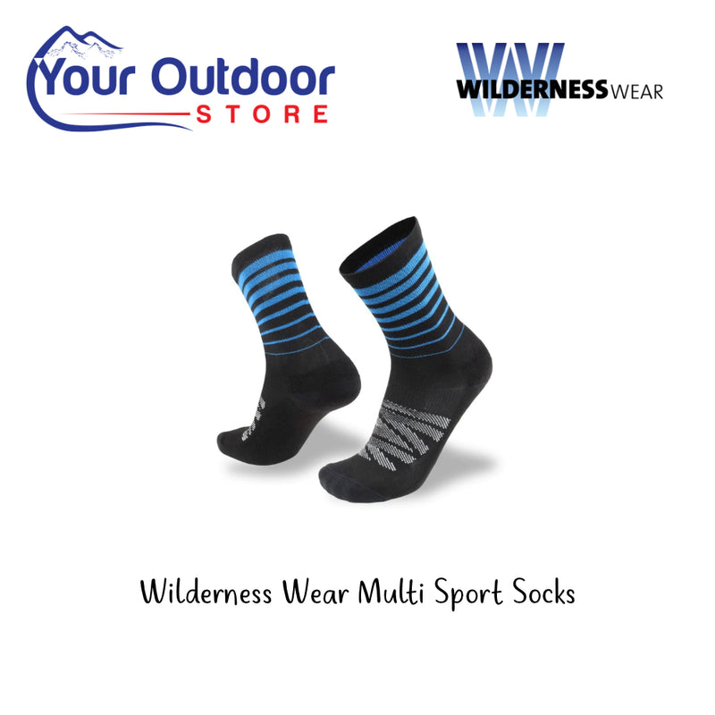 Wilderness Wear Multi Sport Socks. Hero Image Showing Logos and Title. 