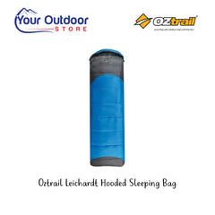 Oztrail Leichardt Hooded Sleeping Bag. Hero Image Showing Logos and Title
