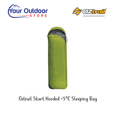 Oztrail Sturt Hooded Sleeping Bag. Hero image with title and logos